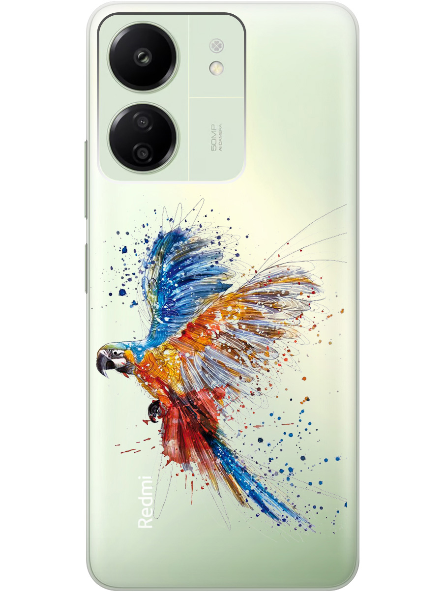 

Силиконовый чехол на Xiaomi Redmi 13C "Colorful Parrot", Прозрачный;голубой;оранжевый, 20001464