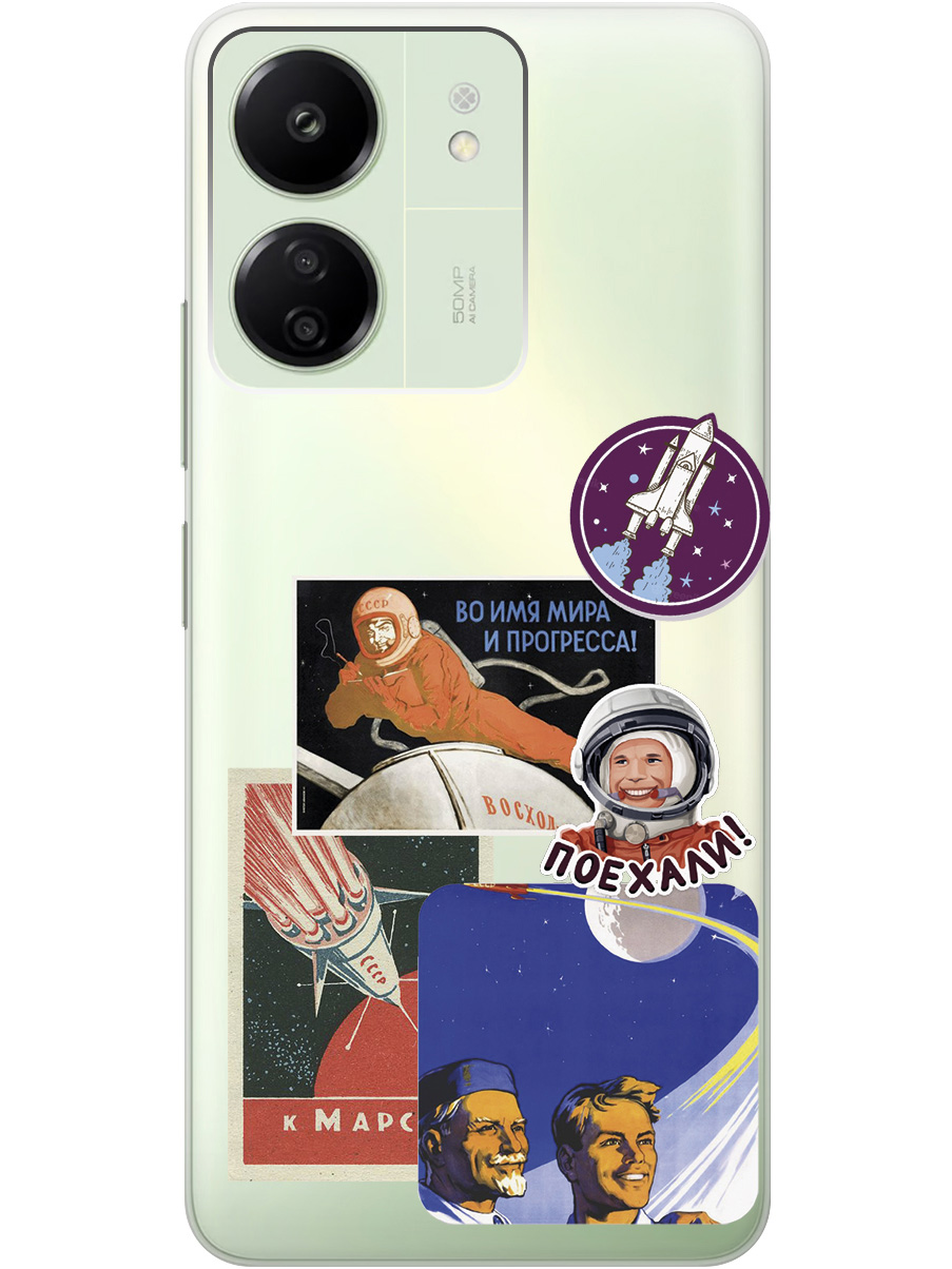 

Силиконовый чехол на Xiaomi Redmi 13C "Yuri Gagarin Stickers", Прозрачный;белый;красный;черный, 20001464