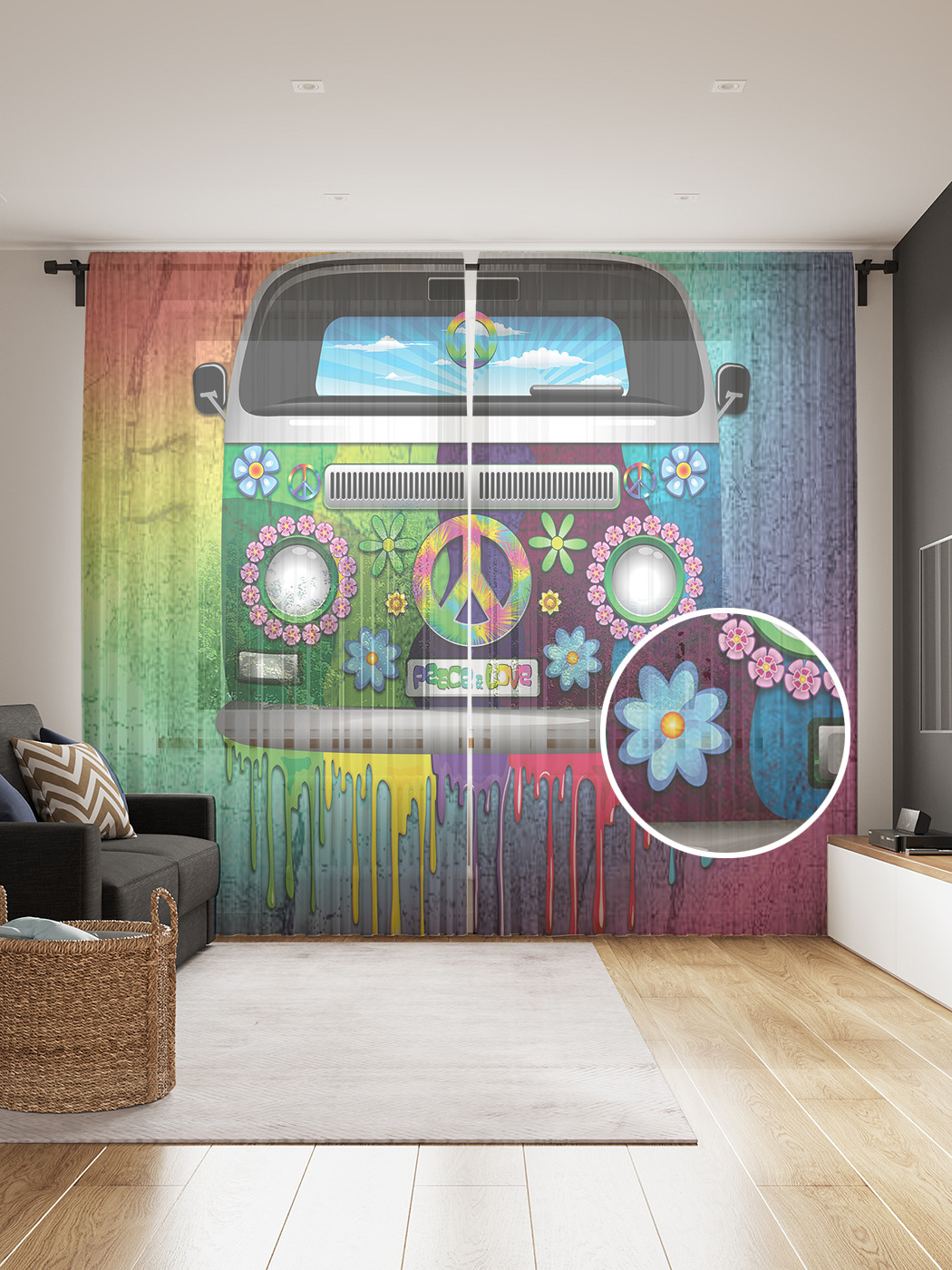 

Фототюль JoyArty "Красочный автомобиль хиппи", 145x265см, 2 полотна, лента, 50 крючков, Красочный автомобиль хиппи