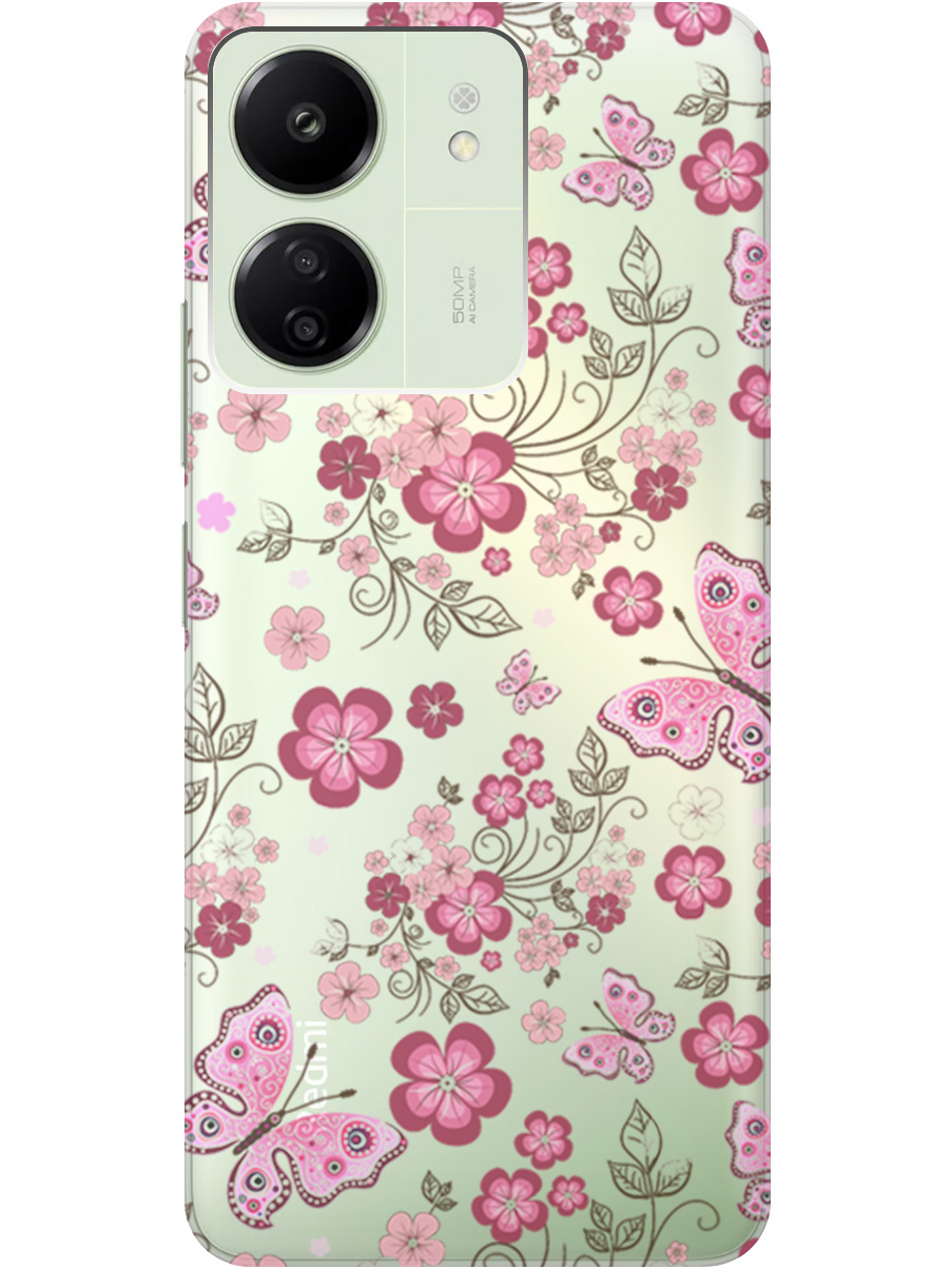 

Силиконовый чехол на Xiaomi Redmi 13C "Butterflies and Flowers", Прозрачный;розовый;черный, 20001464