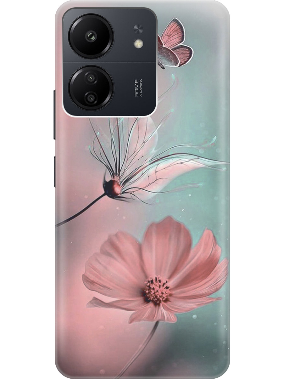 

Силиконовый чехол на Xiaomi Redmi 13C "Бабочка и цветы", Голубой;розовый;серый, 20001464