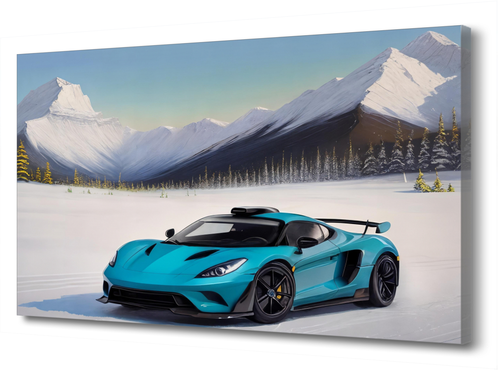 

Большая картина на холсте Синяя спортивная машина на снежной дороге в горах PRC-1661 120x8
