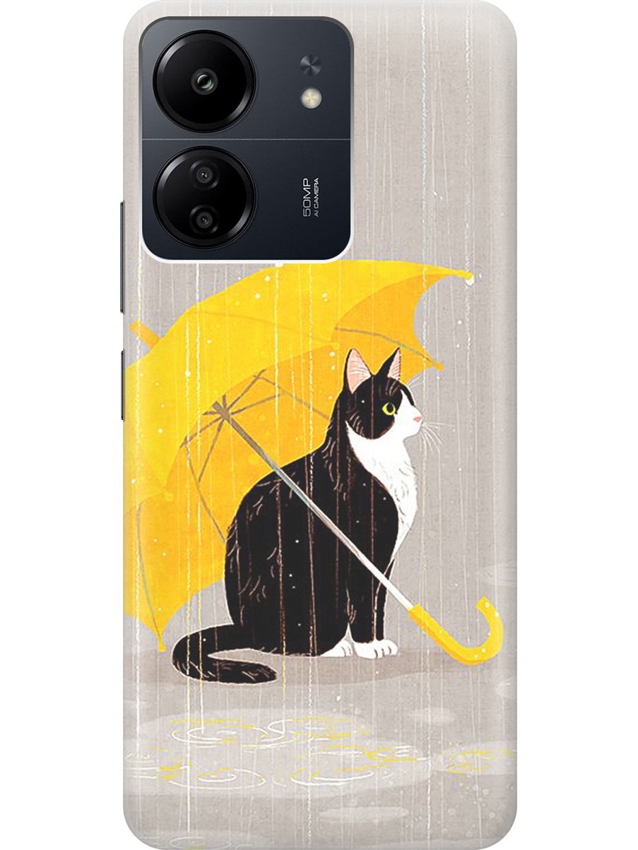 

Силиконовый чехол на Xiaomi Redmi 13C "Кот с желтым зонтом", Желтый;серый;черный, 20001464