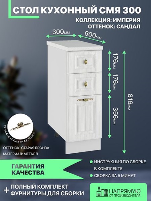 

Шкаф кухонный напольный ДСВ Мебель Империя СМЯ 300 30х52х71.6, Серый