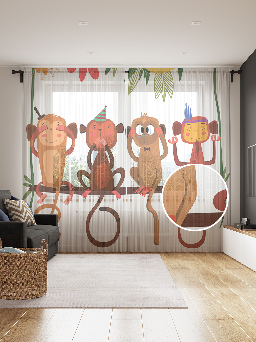 

Фототюль JoyArty "Четыре обезьяны", 145x265см (2 полотна со шторной лентой + 50 крючков), Четыре обезьяны