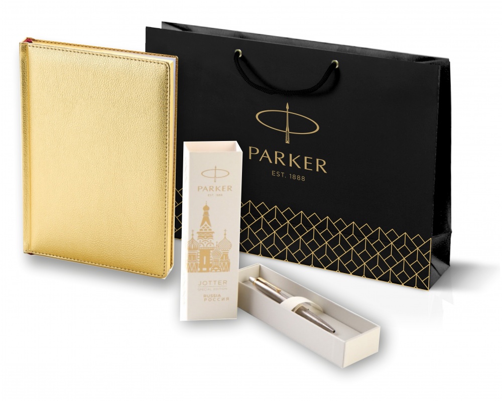 

Подарочный набор: ежедневник золотой и шариковая ручка Parker Jotter Russia Steel 2126175, Подарочный набор: Шариковая ручка Parker Jotter Russia Steel GT и Ежедневник недатированный золотистый золотой срез