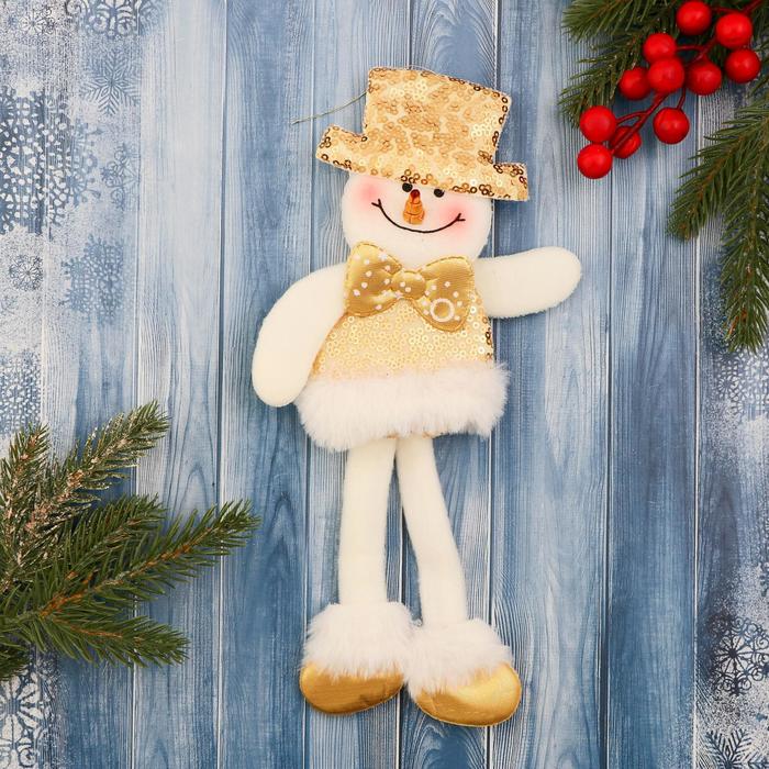 фото Мягкая игрушка зимнее волшебство снеговик в блестящем костюме, с бантиком 9,5х30 см