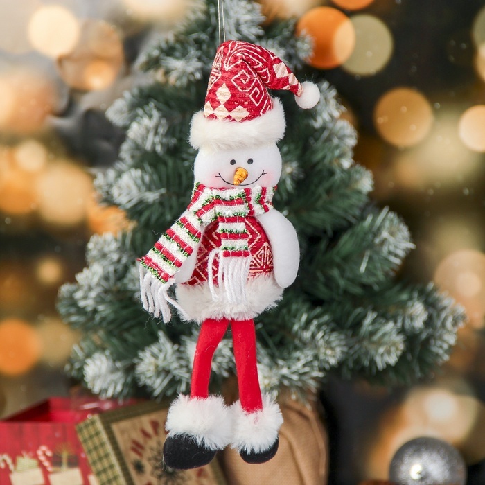 Мягкая игрушка Зимнее волшебство Снеговик с узорами 8х30 см, бело-красный