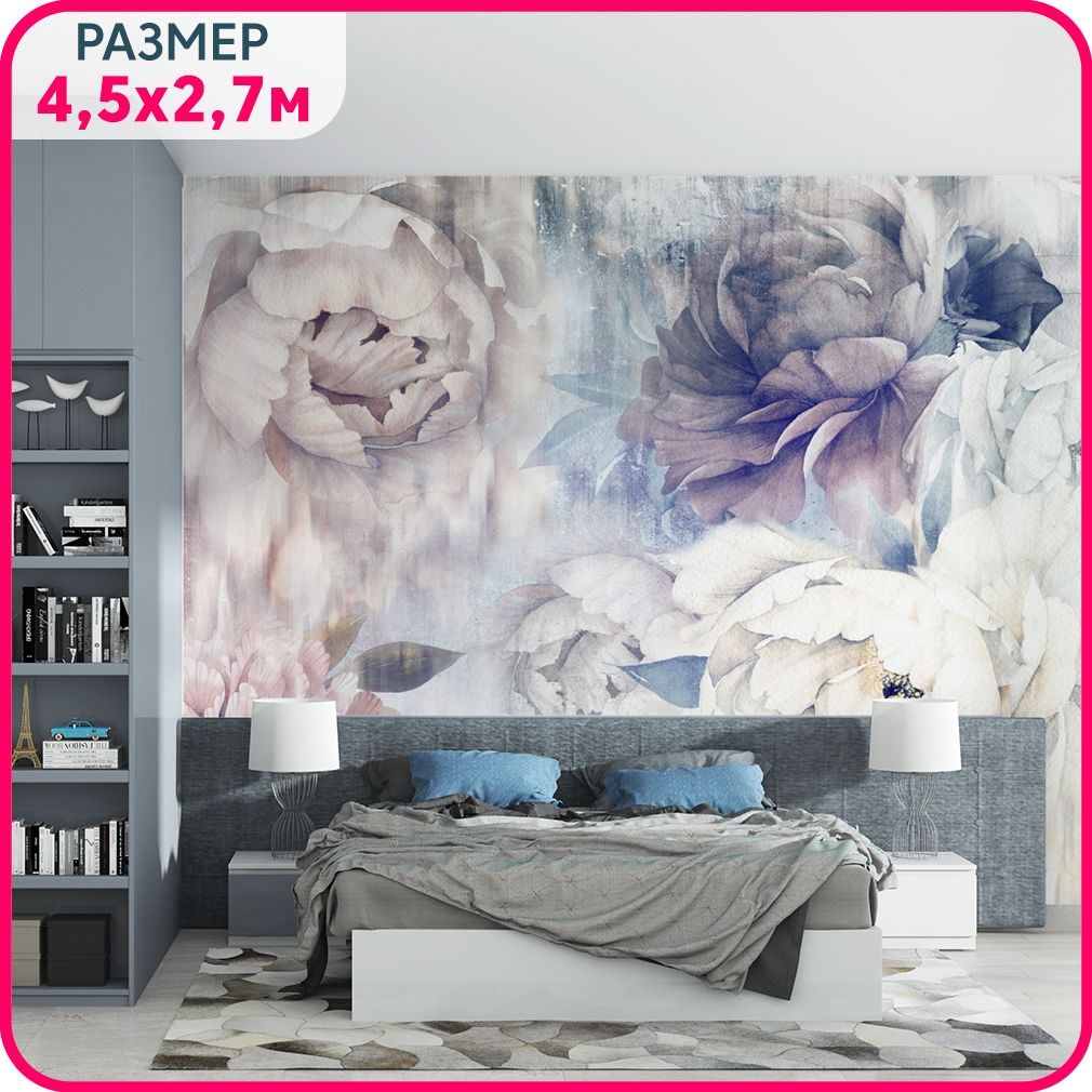 

Фотообои цветы на стену MOBI DECOR "Пионы" виниловые моющиеся, фактура крошка 450x270 см., Розовый;фиолетовый;белый, Пионы - крошка