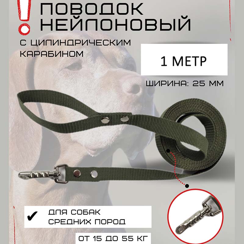 

Поводок для собак Хвостатыч с цилиндрическим карабином, нейлон, зеленый, 1 м х 25 мм