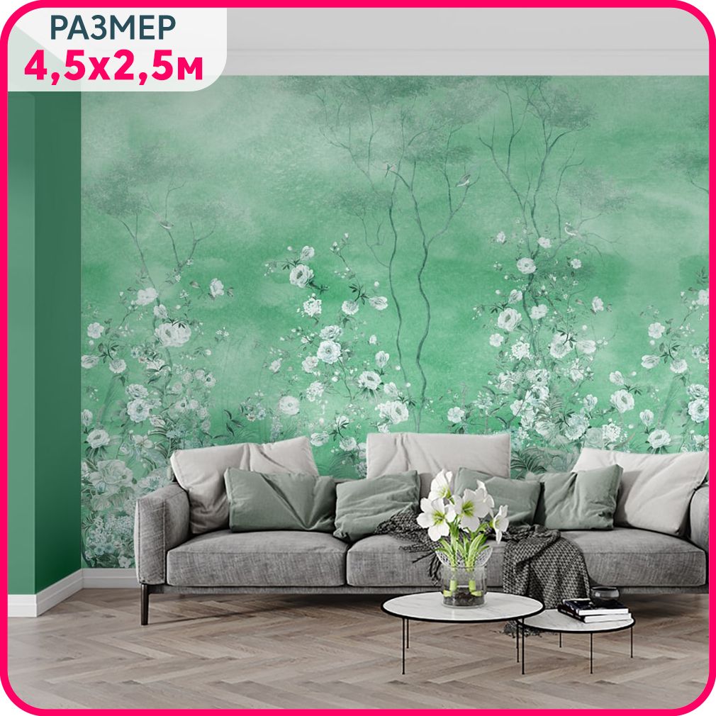 

Фотообои цветы на стену MOBI DECOR "Белая флора на зеленом" винил, моющиеся в спальню, в г, Белый;зеленый, Цветы - крошка