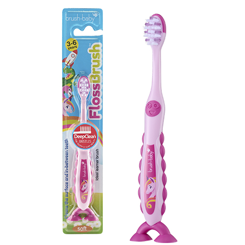 Зубная щётка Brush-Baby FlossBrush NEW, 3-6 лет, единорог Розовый детская зубная щётка brush baby flossbrush с 6 лет сиреневая