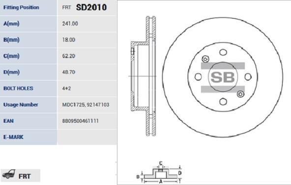 

Тормозной диск Sangsin brake комплект 1 шт. SD2010