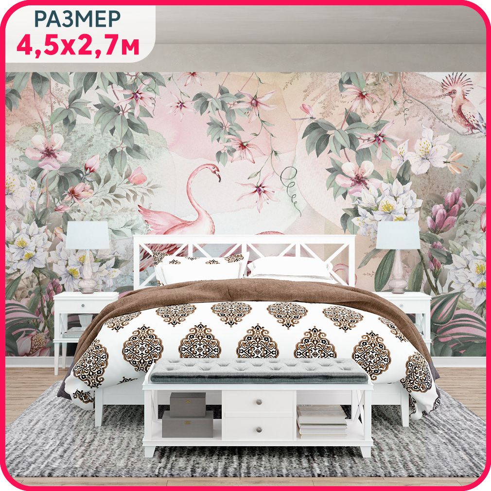 

Фотообои фламинго на стену MOBI DECOR "Птицы в утреннем саду" в спальню, в гостиную и на к, Розовый;зеленый;белый, Фламинго - флизелин
