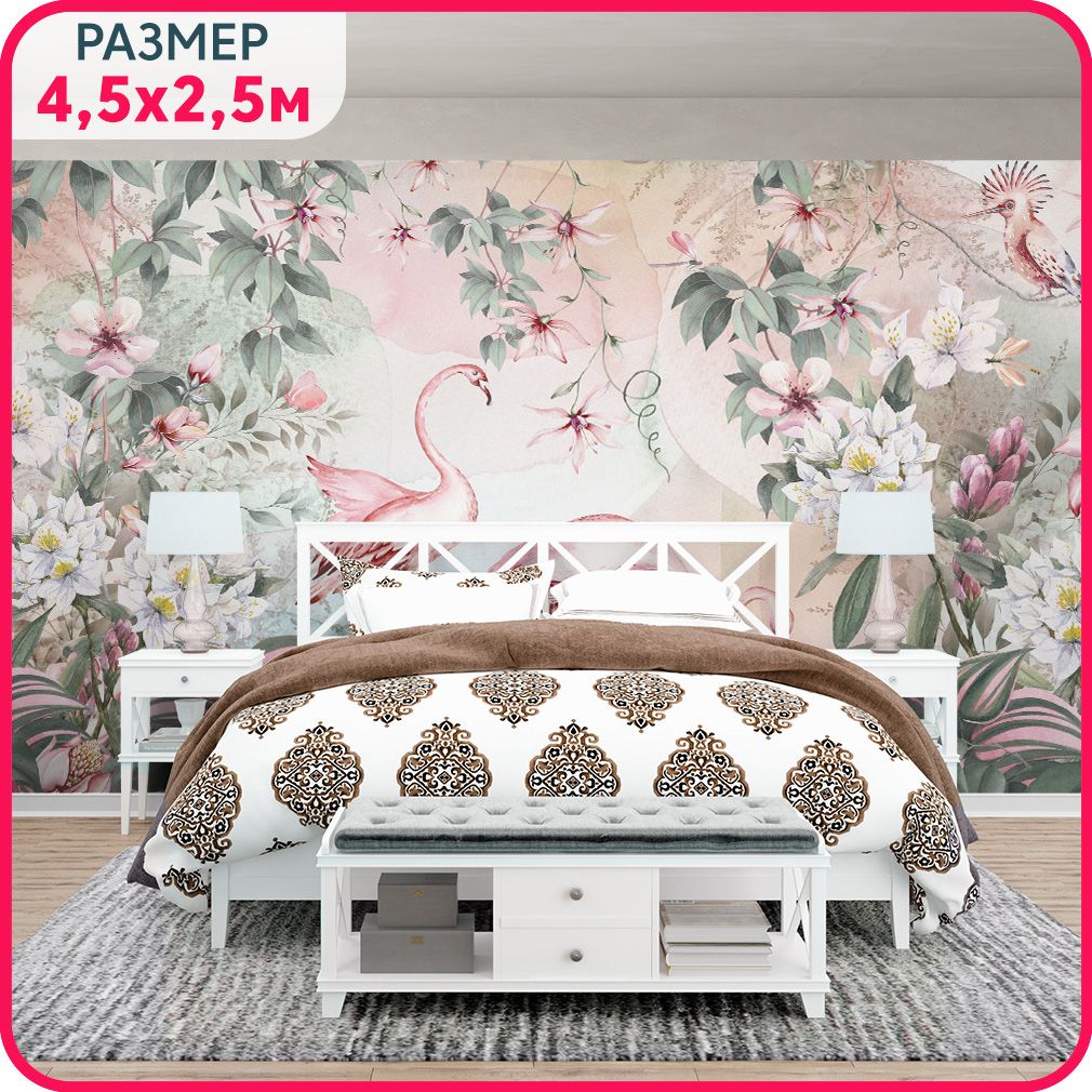 

Фотообои птицы на стену MOBI DECOR "Фламинго в утреннем саду" моющиеся в спальню, в гостин, Розовый;зеленый;белый, Фламинго - крошка