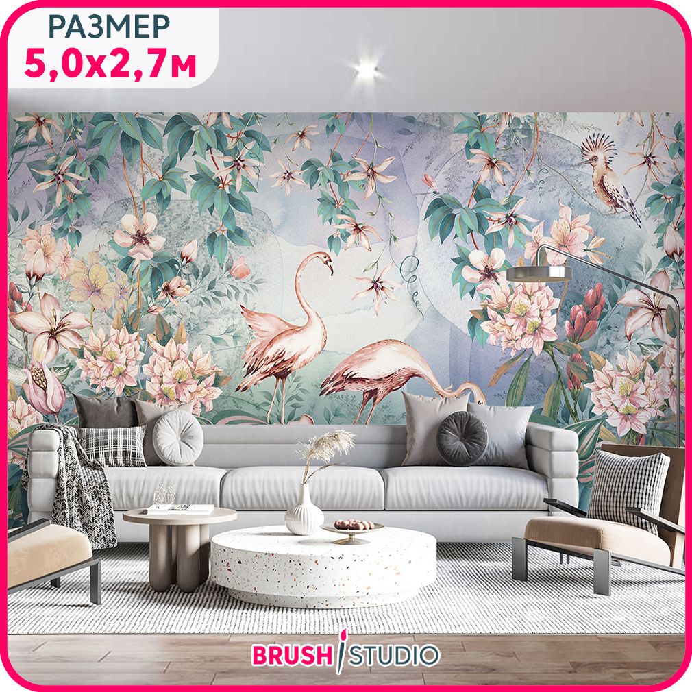 

Фотообои птицы на стену MOBI DECOR "Фламинго в вечернем саду" моющиеся в спальню, в гостин, Розовый;зеленый;белый, Фламинго - Крошка