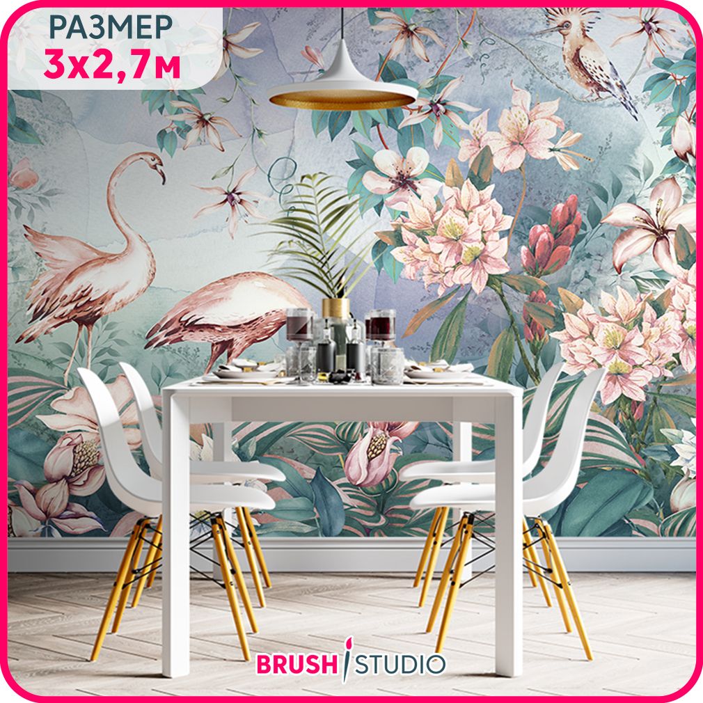 

Фотообои птицы на стену MOBI DECOR "Фламинго в вечернем саду" моющиеся в спальню, в гостин, Розовый;зеленый;белый, Фламинго - Крошка