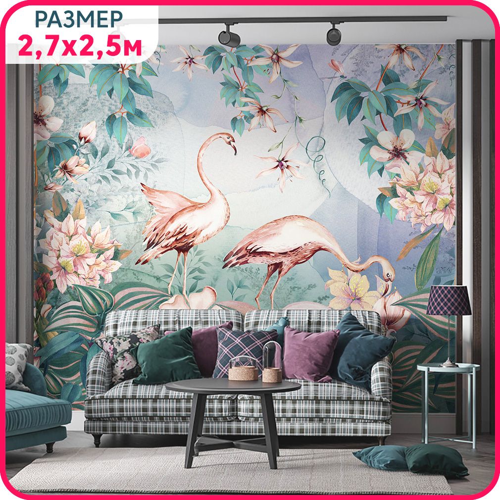 

Фотообои птицы на стену MOBI DECOR "Фламинго в вечернем саду" моющиеся в спальню, в гостин, Розовый;зеленый;белый, Фламинго - Крошка