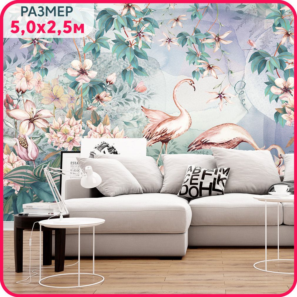 

Фотообои птицы на стену MOBI DECOR "Фламинго в вечернем саду" в спальню, в гостиную и на к, Розовый;зеленый;белый, Фламинго - флизелин