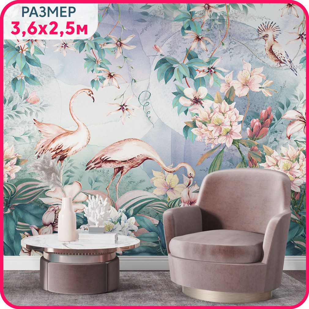 

Фотообои птицы на стену MOBI DECOR "Фламинго в вечернем саду" в спальню, в гостиную и на к, Розовый;зеленый;белый, Фламинго - флизелин