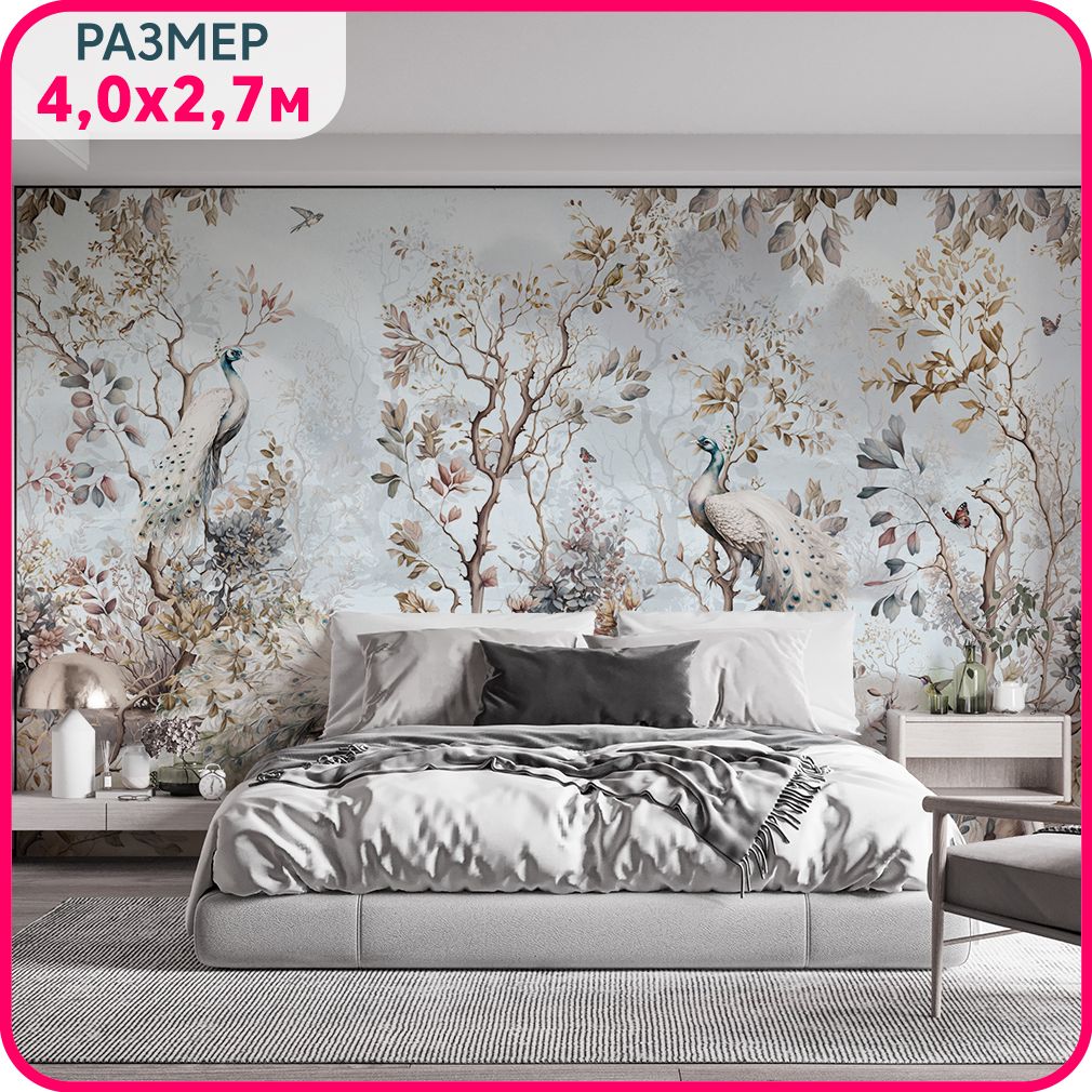 

Фотообои птицы на стену MOBI DECOR "Павлины в саду" в спальню, в гостиную и на кухню 400x2, Разноцветный, Фламинго - флизелин