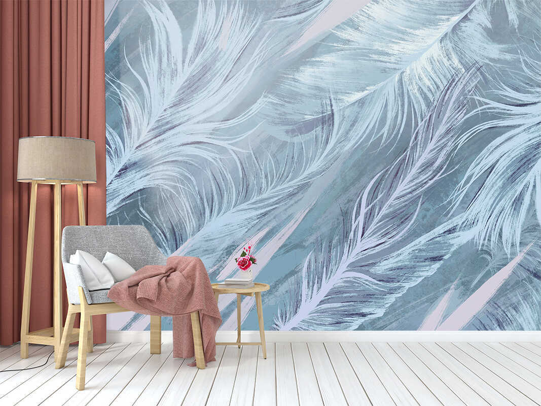 

Фотообои на стену флизелиновые MOBI DECOR "Перья и листья голубые" на стену в спальню, в г, Голубой, Перья - флизелин