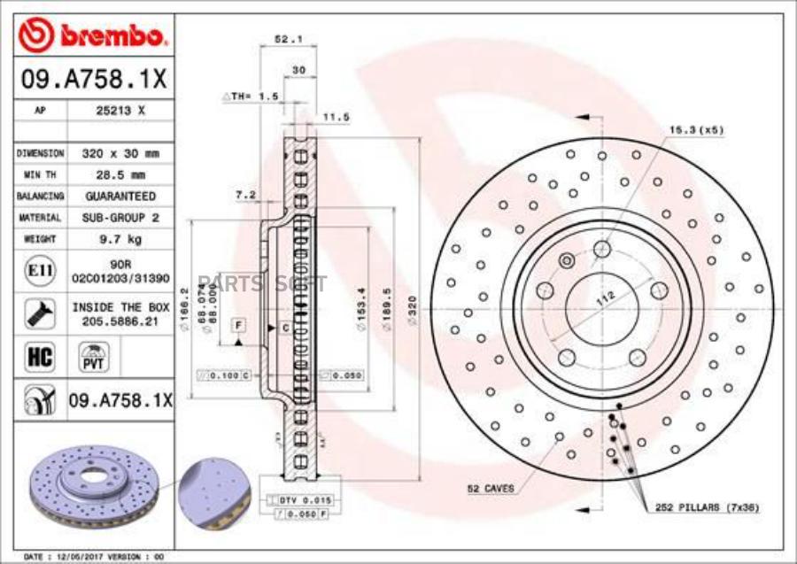 

Тормозной диск brembo передний вентилируемый 320x30 мм 5 отверстий 09.A758.1X