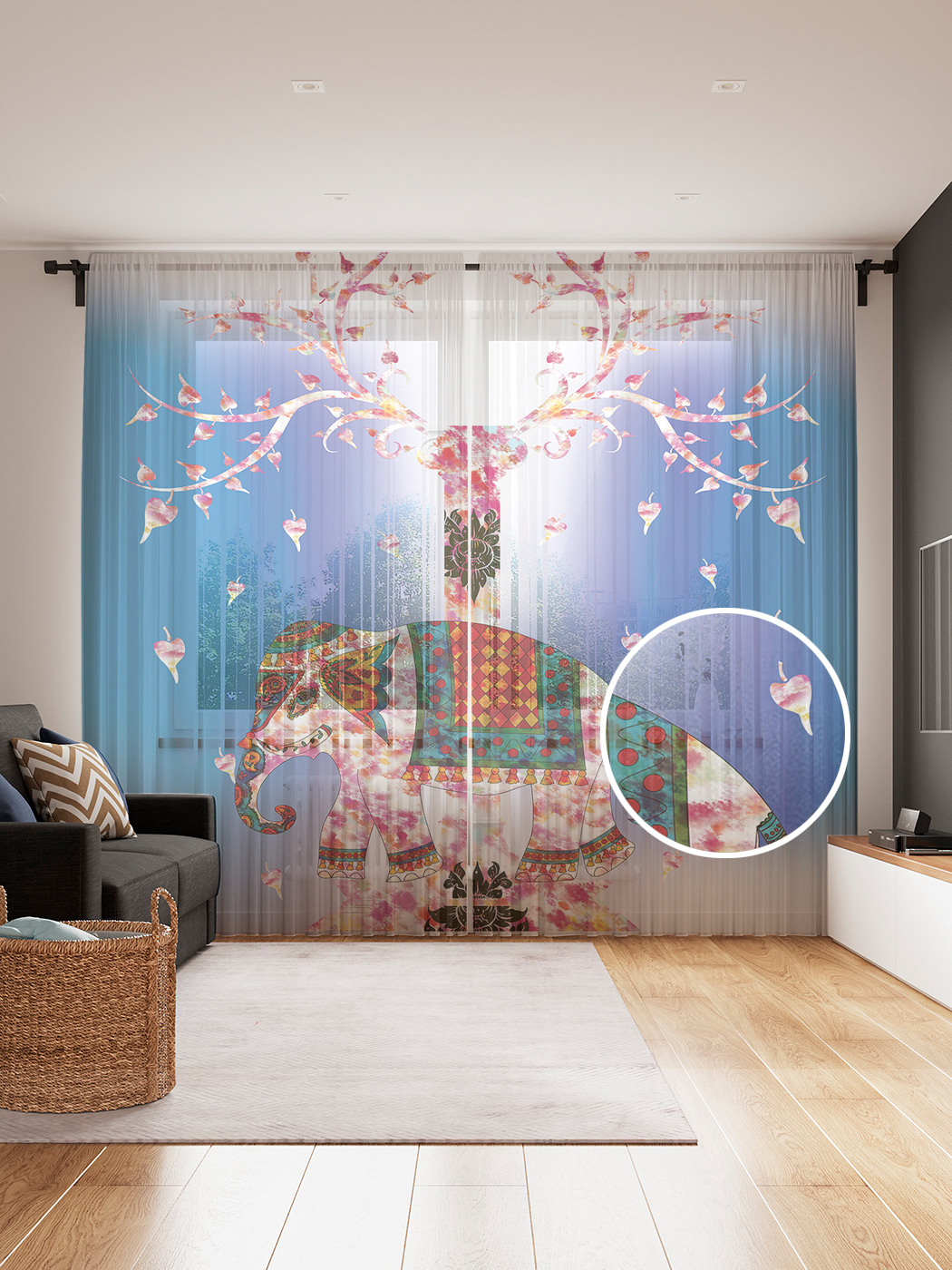 

Фототюль JoyArty "Цветочный слон", 145x265см (2 полотна со шторной лентой + 50 крючков), Цветочный слон