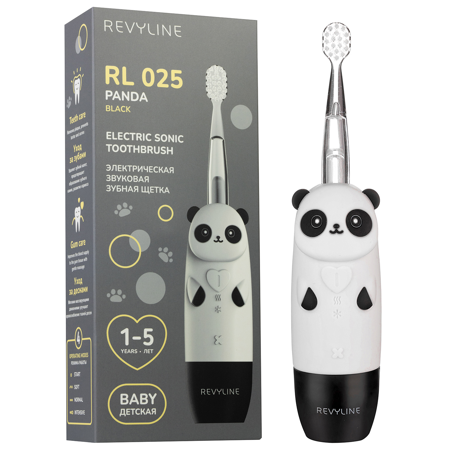 Детская зубная электрическая щетка Revyline RL 025 Panda, черная