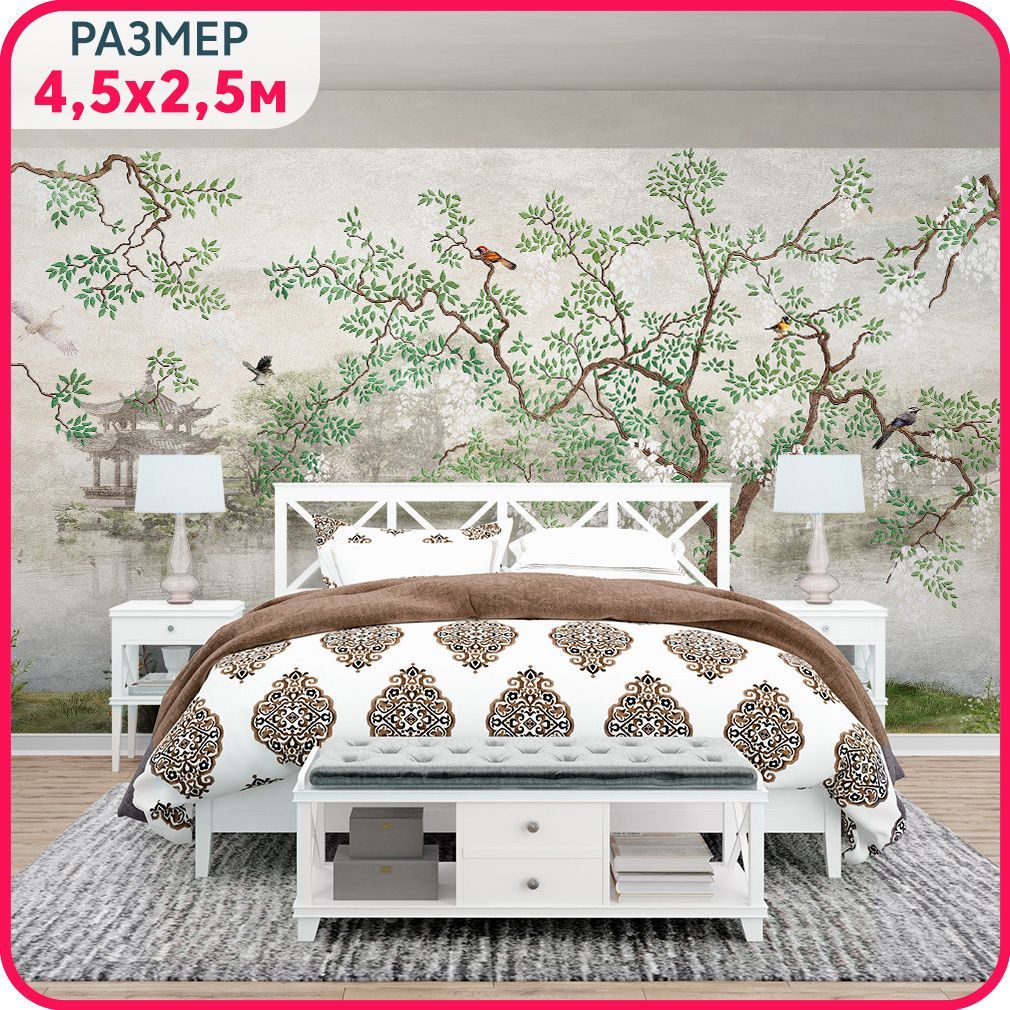 

Фотообои на стену моющиеся MOBI DECOR "Японский сад" сакура, спальню или на кухню. Фактура, Разноцветный, Японский сад - крошка