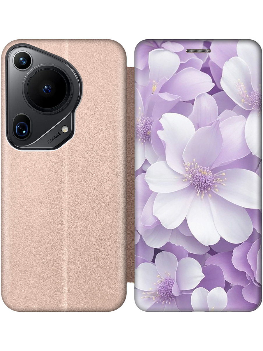 

Чехол-книжка на Huawei Pura 70 Ultra с принтом "Бело-фиолетовые цветы" золотой, Золотистый;белый;фиолетовый, 782625821