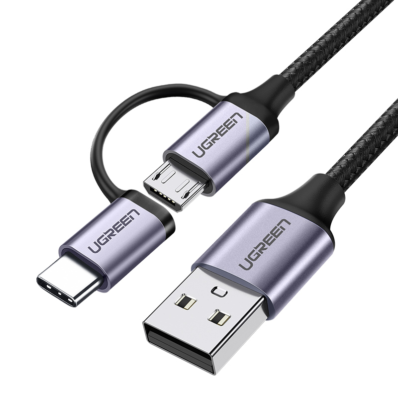 Кабель uGreen US177 (30875) USB-A to Micro USB + USB Type-C Cable 1 м черный