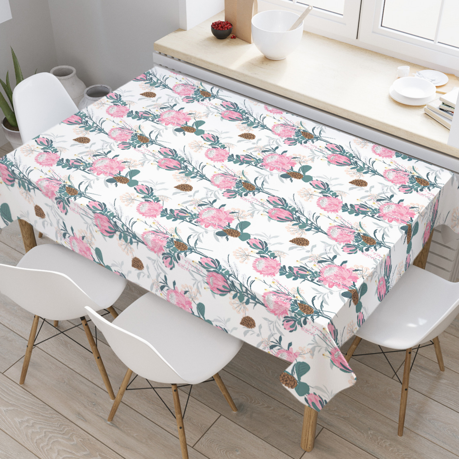 

Скатерть прямоугольная JoyArty "Шишки и цветы" из оксфорда, 180x145 см, Розовый, Шишки и цветы