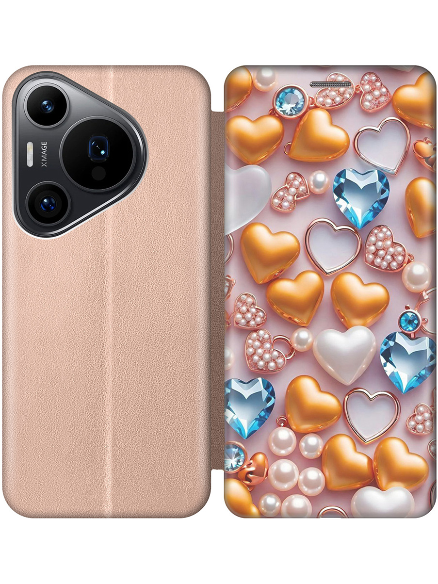 

Чехол-книжка на Huawei Pura 70 Pro / 70 Pro+ с принтом "Украшения и сердечки" золотой, Золотистый;белый;голубой, 782625291