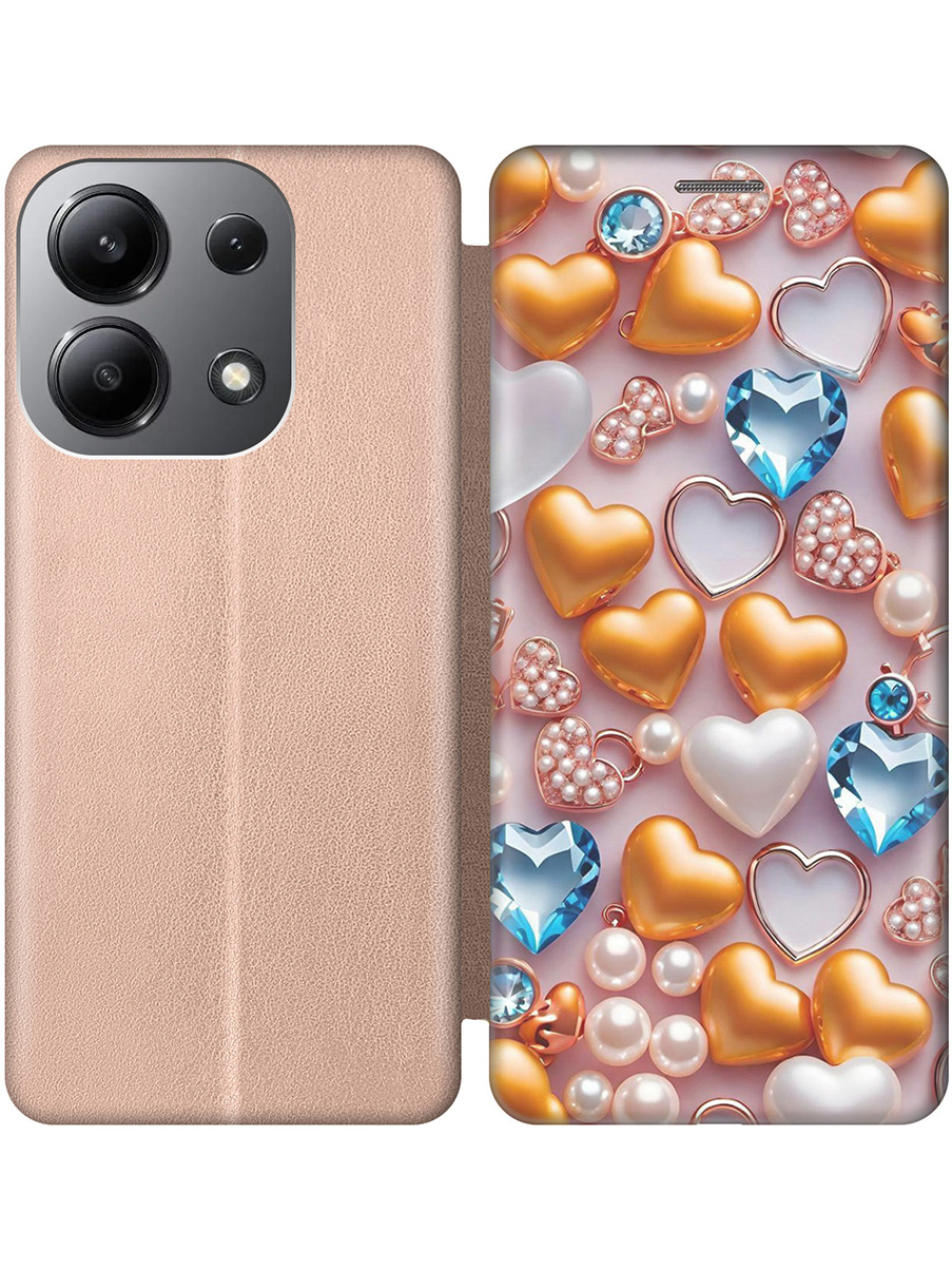 

Чехол-книжка на Xiaomi Redmi Note 13 4G с принтом "Украшения и сердечки" золотой, Золотистый;белый;голубой, 782622891