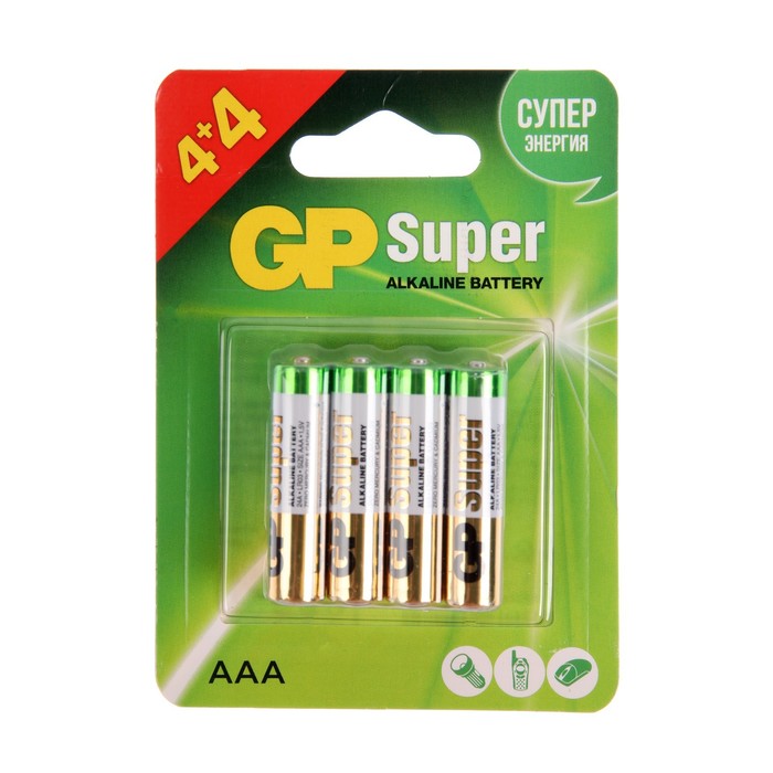 

GP Батарейка алкалиновая GP Super, AAA, LR03-8BL, 1.5В, 4+4 шт.