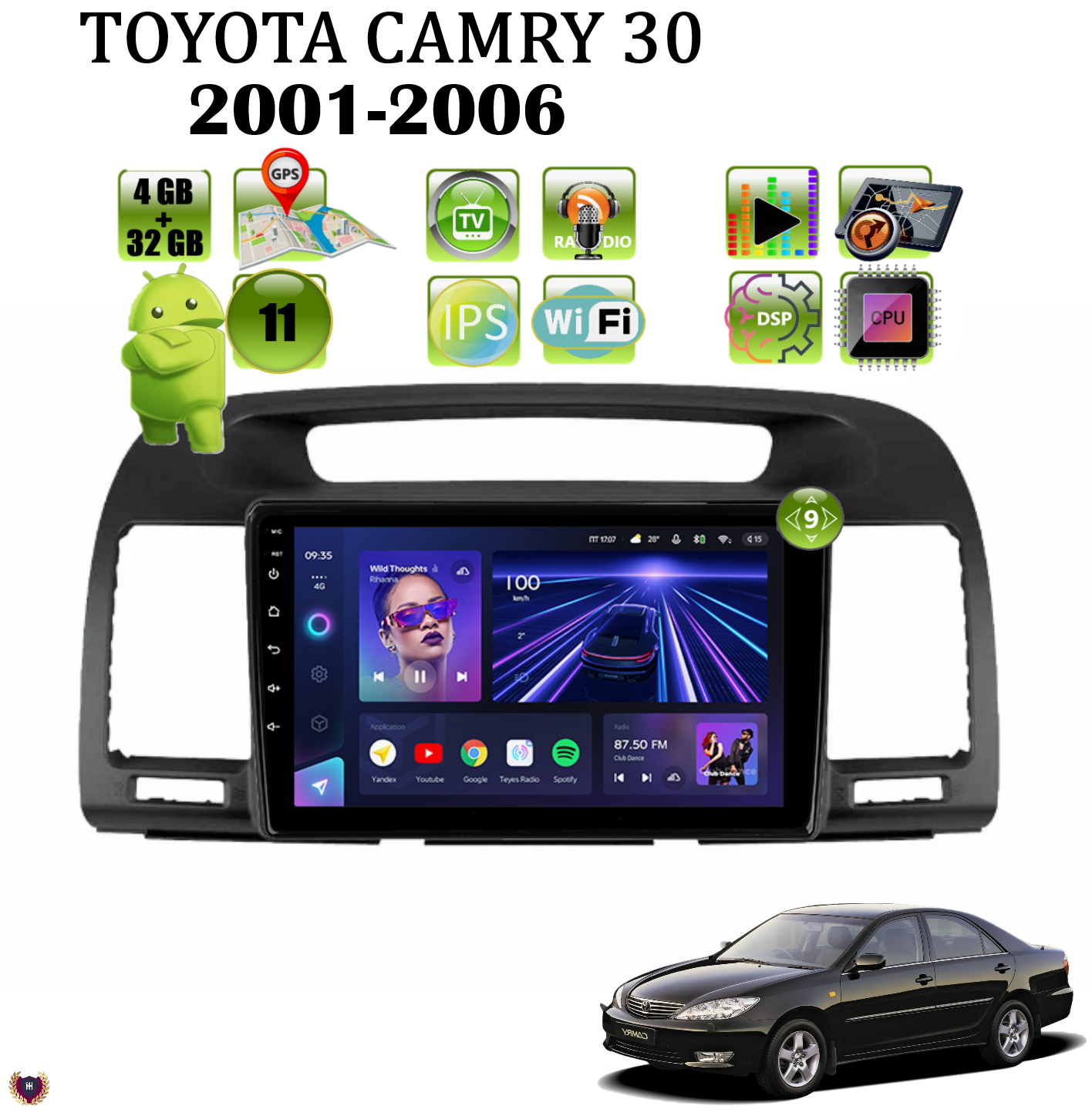 Автомагнитола Podofo для TOYOTA Camry 30 (2001-2006) , Android 11, 4/32 GB, GPS, Bluetooth