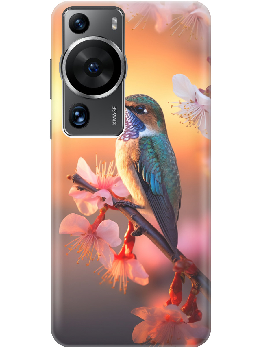 

Силиконовый чехол на Huawei P60 Pro с рисунком "Птичка и закат", Желтый;красный, 20001421