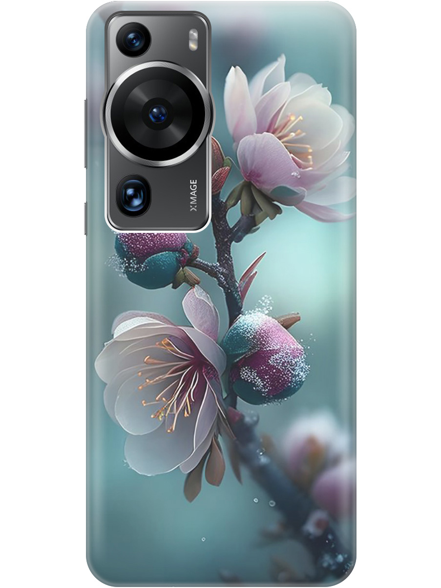 

Силиконовый чехол на Huawei P60 Pro с рисунком "Распускающиеся бутоны", Белый;голубой, 20001421