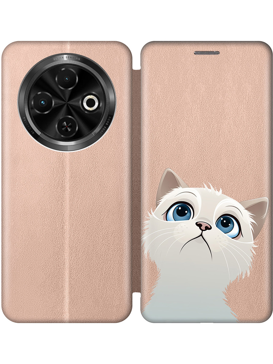 

Чехол-книжка на Tecno Spark 30C с принтом "Белый котик" золотой, Золотистый;белый, 786716311