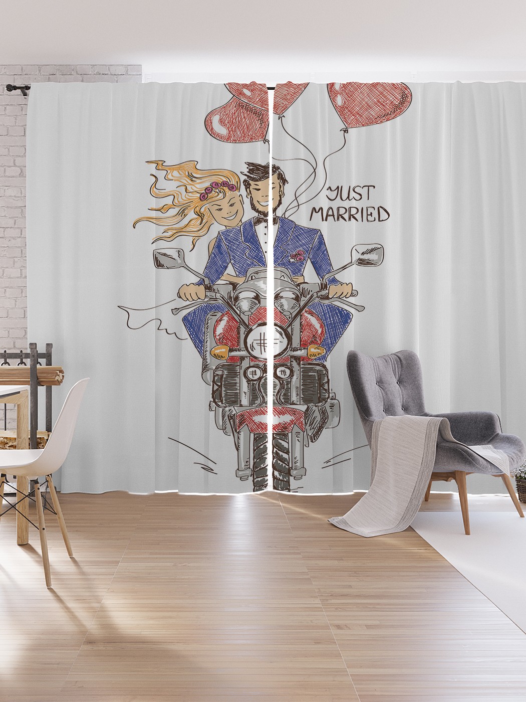 фото Шторы под лён joyarty "молодожены на мотоцикле", серия oxford delux, 340х265 см