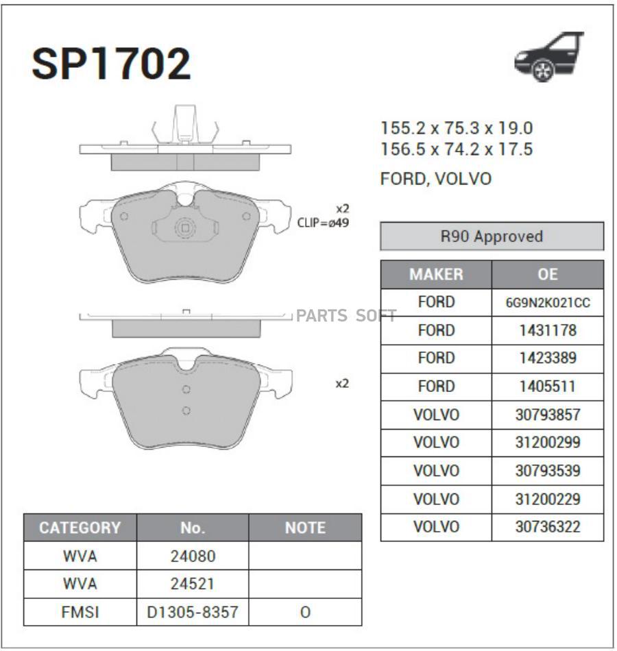 

Колодки передние ford s-max/galaxy / volvo s60/s80/v60/v70/xc70 sangsin brake sp1702