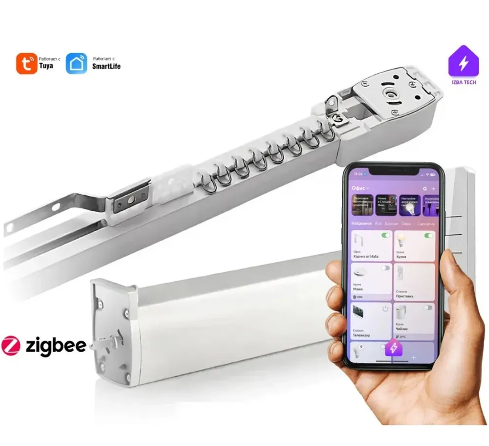 

Умный электрокарниз для штор 2 метра Zigbee + RF для Алисы автоматический Izba Tech 00254, Белый, 00254