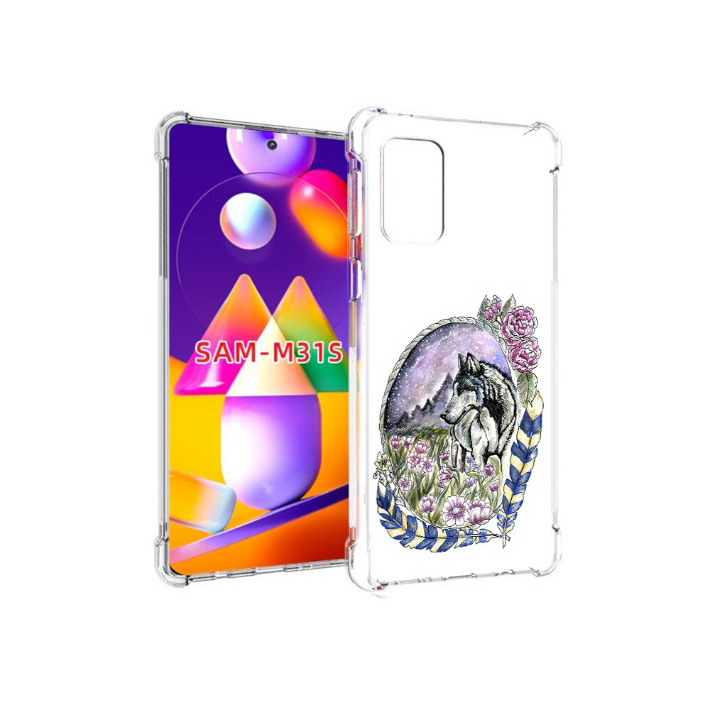 

Чехол MyPads Tocco для Samsung Galaxy M31s нарисованный волк в цветах с перьями, Прозрачный, Tocco