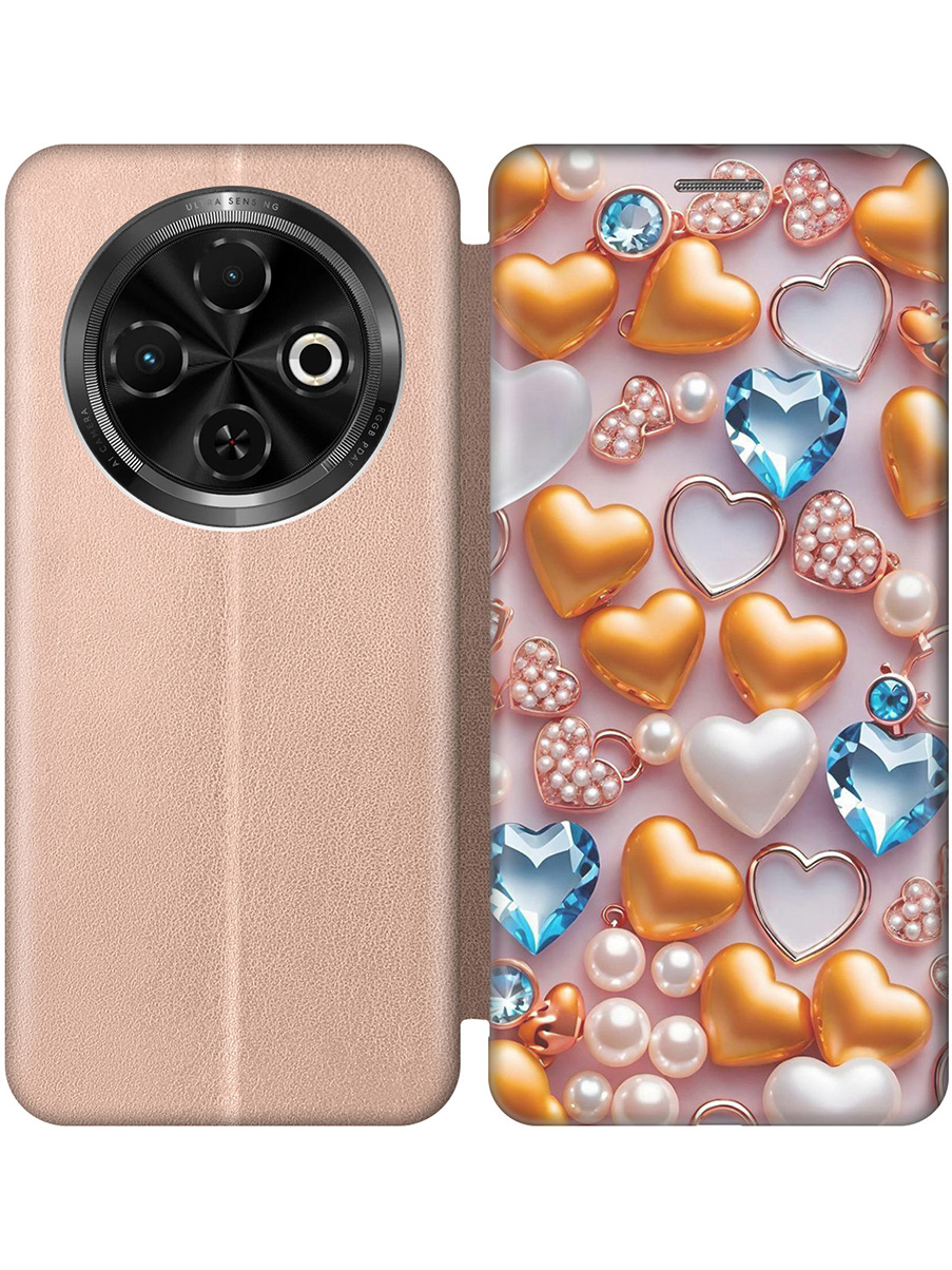 

Чехол-книжка на Tecno Spark 30C с принтом "Украшения и сердечки" золотой, Золотистый;белый;голубой, 786716391