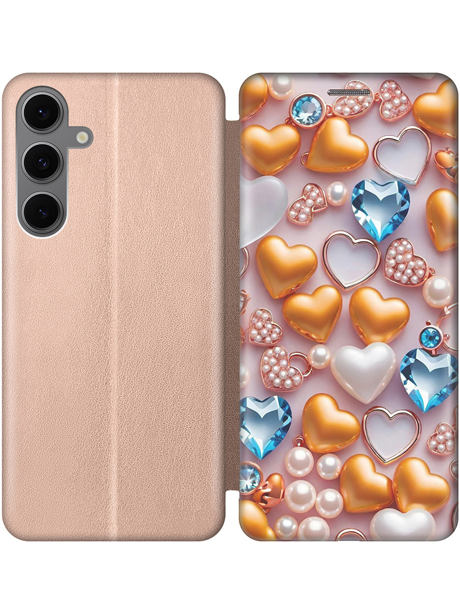 

Чехол-книжка на Samsung Galaxy S24 FE с принтом "Украшения и сердечки" золотой, Золотистый;белый;голубой, 786718191