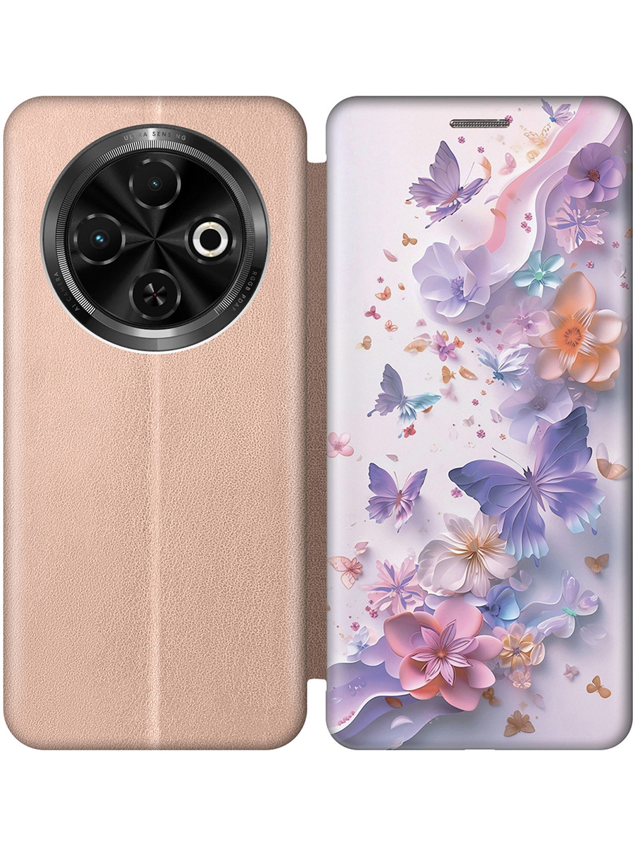 

Чехол-книжка на Tecno Spark 30C с принтом "Фиолетовые бабочки и бумажные цветы" золотой, Золотистый;розовый;фиолетовый, 786716322