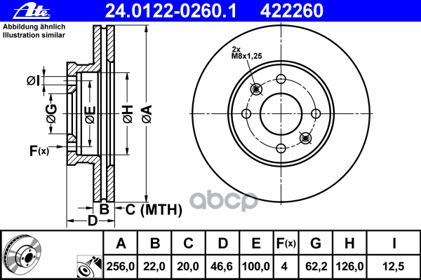 фото Диск тормозной передний hyundai accent ii/kia rio ii 05-10 /vent d=256mm ate 24.0122-0260.