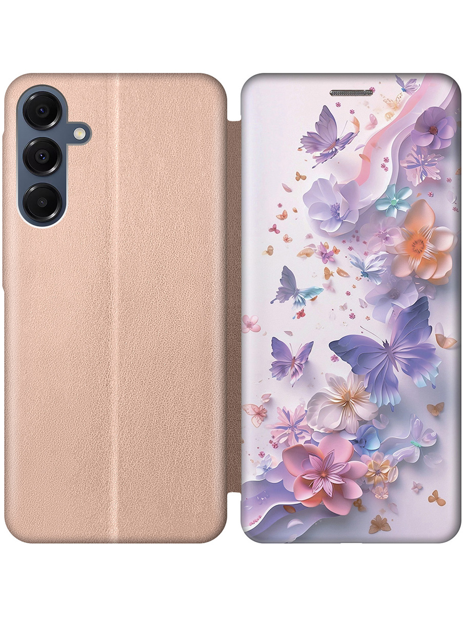 

Чехол-книжка на Samsung Galaxy A16 с принтом "Фиолетовые бабочки и бумажные цветы" золотой, Золотистый;розовый;фиолетовый, 786721722