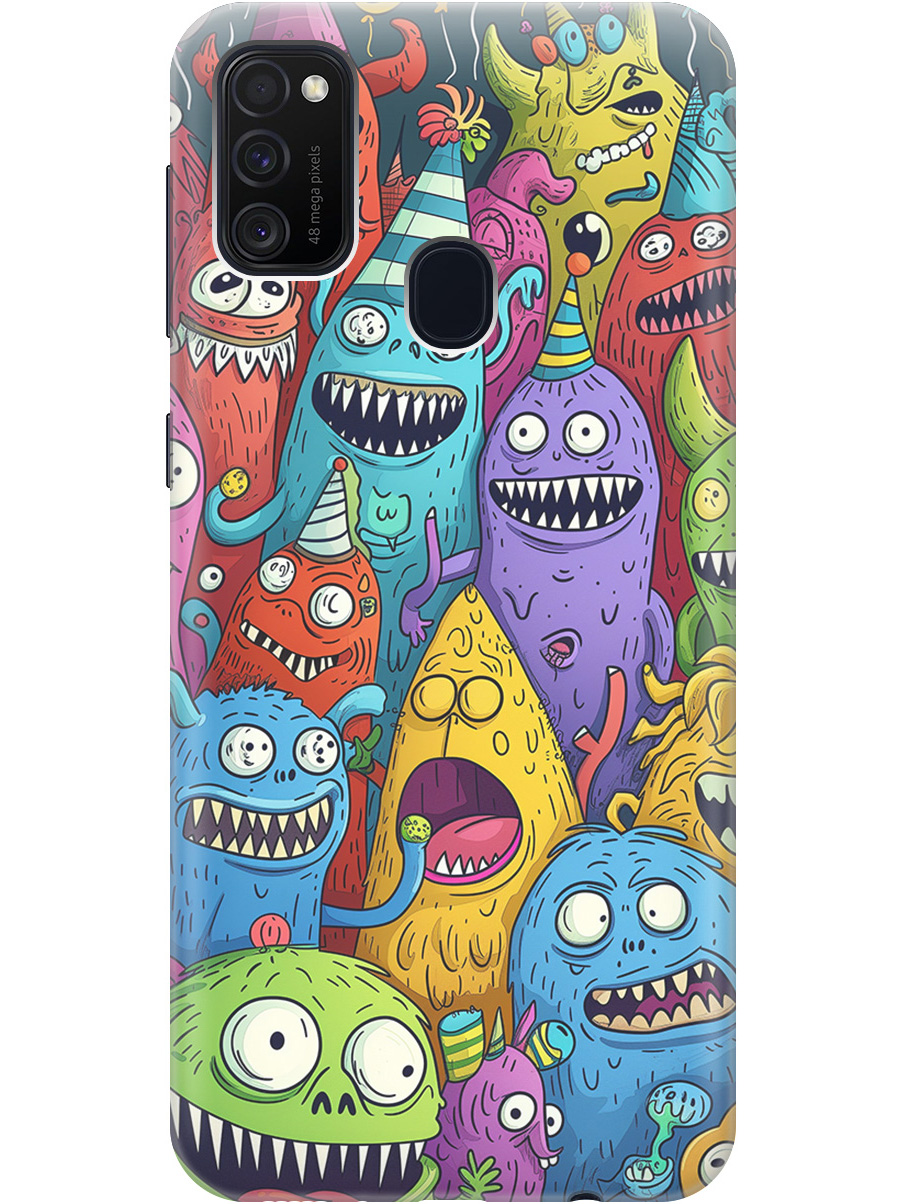 

Силиконовый чехол на Samsung Galaxy M21 / M30s с принтом "Веселые монстрики", Прозрачный;голубой;зеленый;черный, 723067672